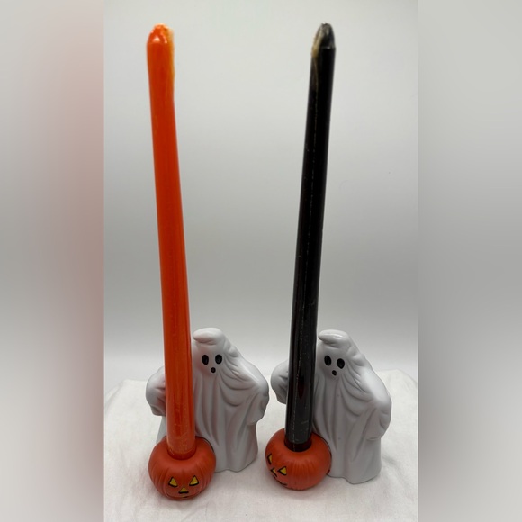 Ceramic Ghost with Orange Pumpkins Candle Holders with Tapers, Set of 2 Holders - Picture 3 of 3